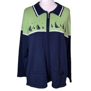 Women’s Preppy Nautical Sailboat Cardigan Coastal Yacht Club Resort Cruise 2XL